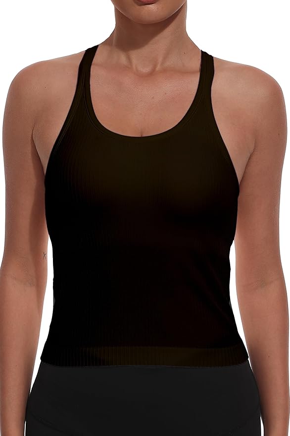 YIOIOIO Women Ribbed Workout Crop Tops with Built in Bra Seamless Yoga Racerback Tank Top Tight Fit