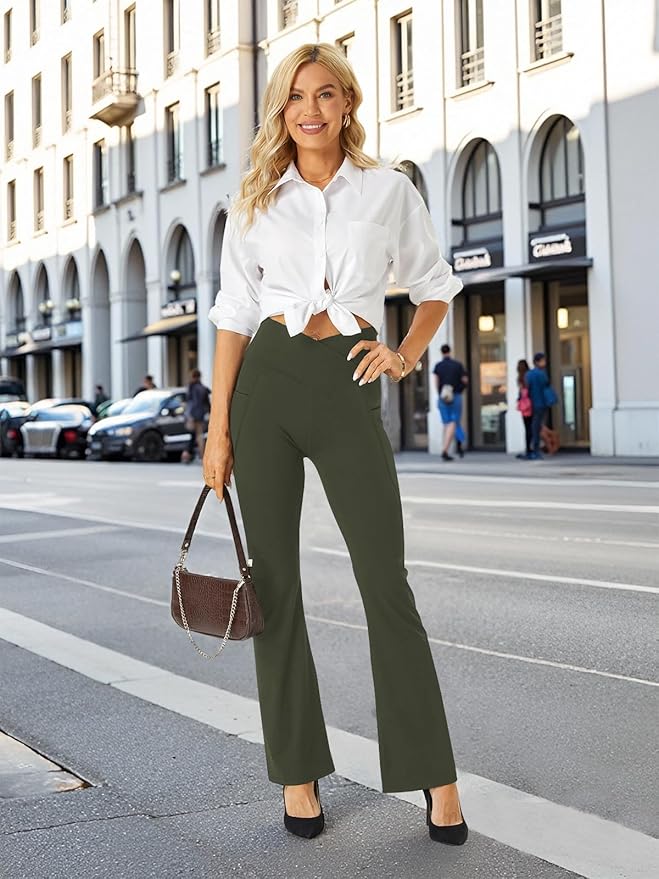 COPYLEAF Women's Flare Yoga Pants with Pockets V Crossover High Waisted Bootcut Yoga Leggings-Flare Workout Gym Leggings