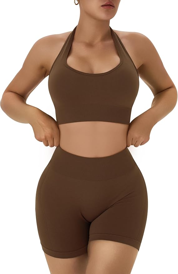 OLCHEE Workout Sets for Women 2 Piece Backless Halter Sports Bra High Waist Booty Shorts Yoga Gym Outfits Lounge Activewear