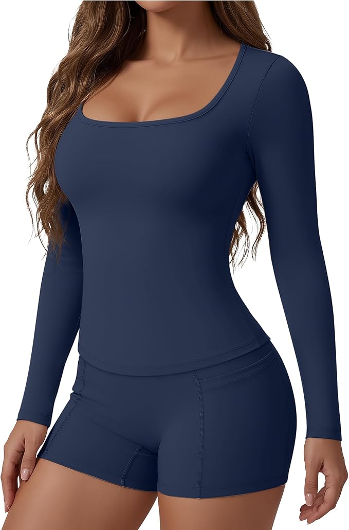 Women Workout Sets 2 Piece Yoga Square Neck Long Sleeve Top Athletic Seamless Short Pockets Sport Gym Run Outfits