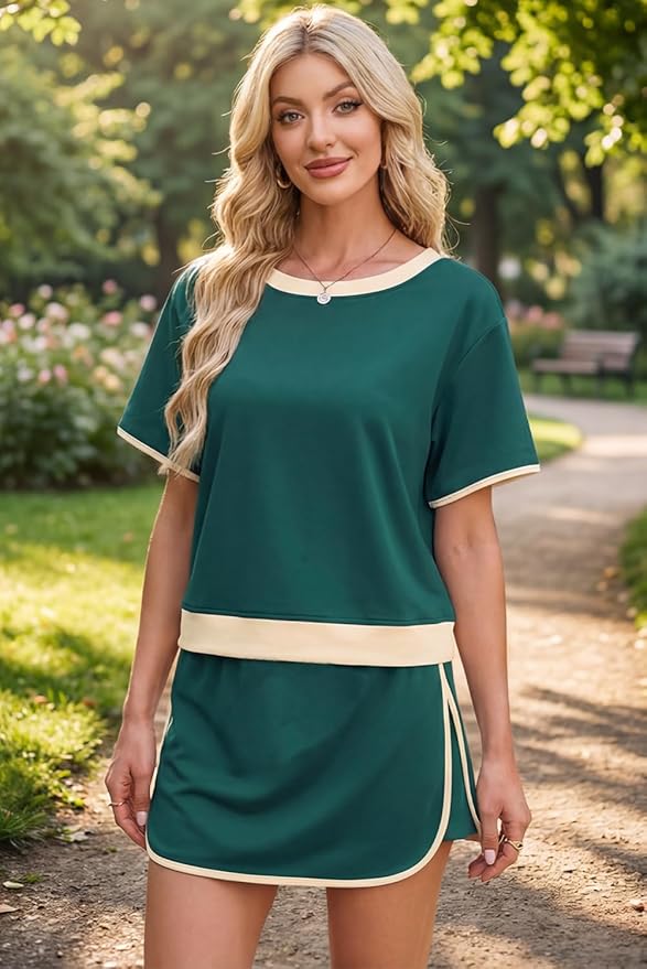 Opemiby Womens 2 Piece Skort Set 2026 Color Block Short Sleeve Top Drawstring Skort Matching Sets Casual Lounge Summer Outfit