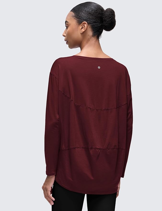 CRZ YOGA Pima Cotton Boat Neck Long Sleeve Shirts for Women - Workout Athletic Yoga Casual Tops Loose Fit Fall T-Shirts