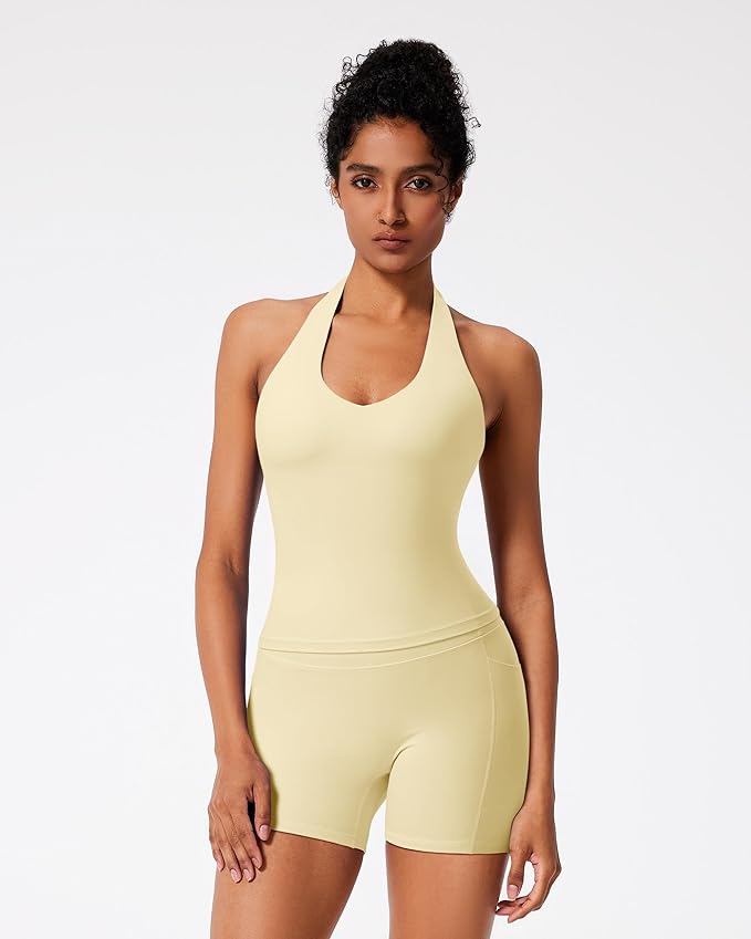 RXRXCOCO Halter Workout Sets for Women 2 Piece V Neck Tank Tops Hidden Scrunch Booty Shorts Gym Outfits with Pockets