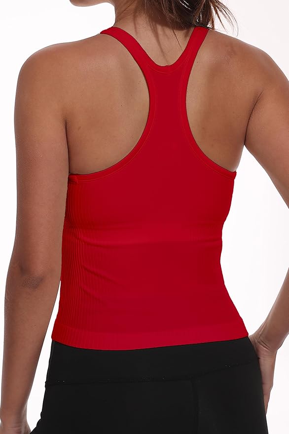 YIOIOIO Women Ribbed Workout Crop Tops with Built in Bra Seamless Yoga Racerback Tank Top Tight Fit
