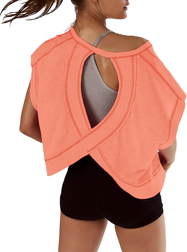 Kumufenc Women Short Sleeve Workout Shirts Open Back Tops Casual Yoga Y2k Athletic Gym Slouchy Crop Running Tees