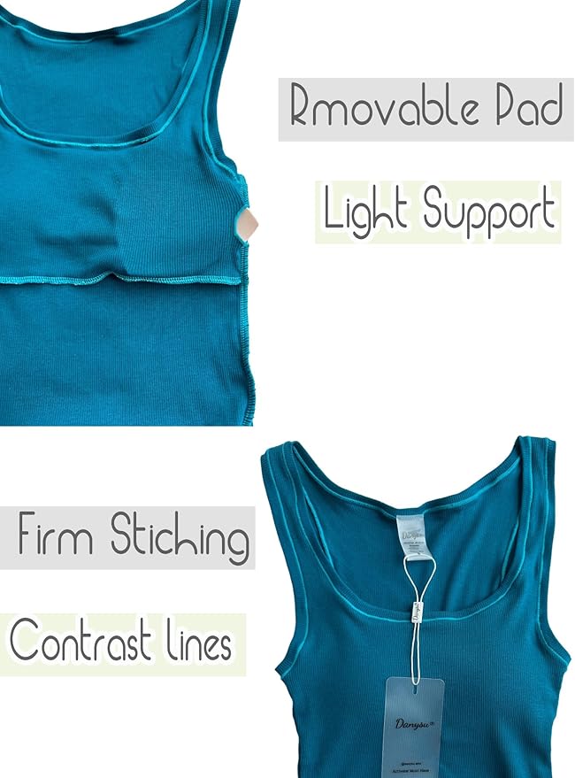 Danysu Women Rib Tank Top Padded Workout Top Square Neck Crop Tank Fitted Basic Cami Tops