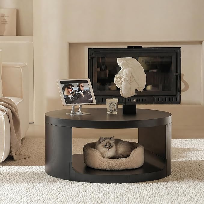 Round Coffee Table with Storage, 31.5" Modern Living Room Table, 2 Tier Circle Wood Center Tables for Apartment, Living Room, Open-Style Storage Black Coffee Tables, 31"*14.1" (Black)