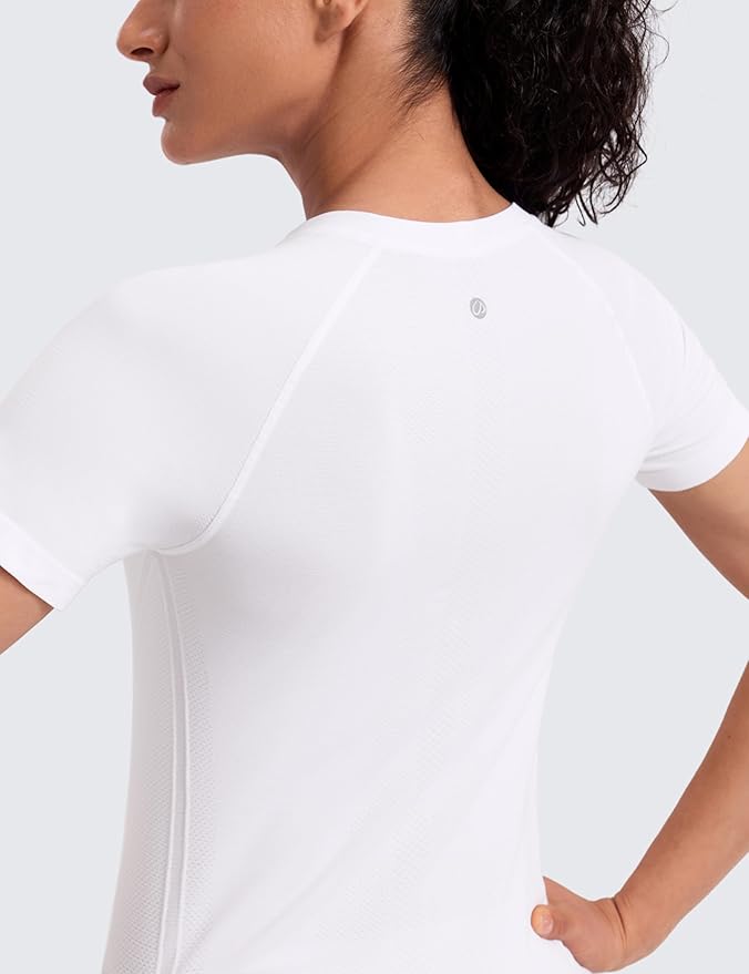 CRZ YOGA Seamless Workout Tops for Women Hip Length - Athletic Running Gym Yoga Short Sleeve Shirts Breathable Crewneck Tees