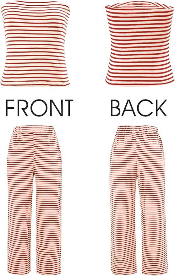 Tankaneo Womens Striped 2 Piece Sets Summer Strapless Crop Tube Tops Wide Leg Pants Matching Lounge Set Vacation Outfits