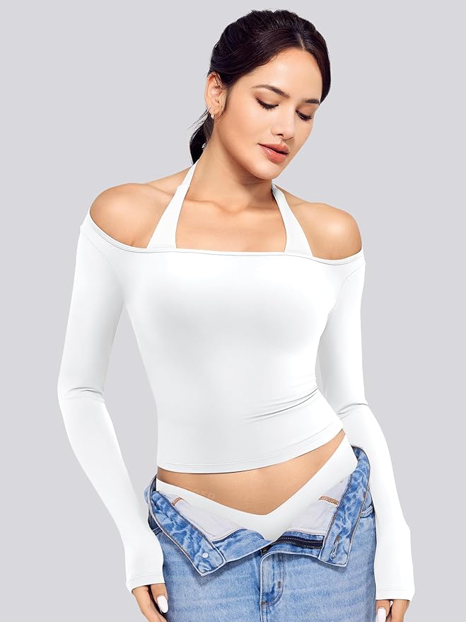 YEOREO Long Sleeve Workout Tops for Women Square Neck Slim Fitted Double Lined Compression Shirt Basic Casual Gym Yoga Tops