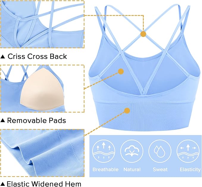 Sykooria 3 Pack Strappy Sports Bra for Women Sexy Crisscross for Yoga Running Athletic Gym Workout Fitness Tank Tops