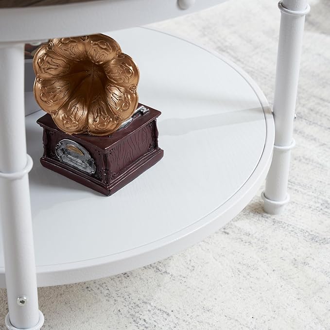 VINGLI 25.6" Dark Walnut White Round Farmhouse Coffee Table, 2-Tier Storage Wood Center Circle Accent Table for Living Room, Bedroom, Apartment, Studio and Small Spaces, Sturdy Metal Frame