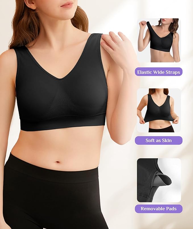 YADIFEN Womens Sports Bras, 3/4/6 Pack Wireless Comfortable Seamless Sleep Yoga Sports Bras for Women with Removable Pads
