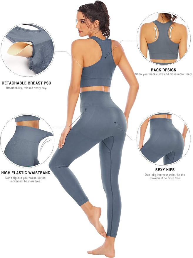 Workout Sets for Women 2 Piece High Waisted Seamless Leggings with Padded Stretchy Sports Bra Sets Gym Clothes