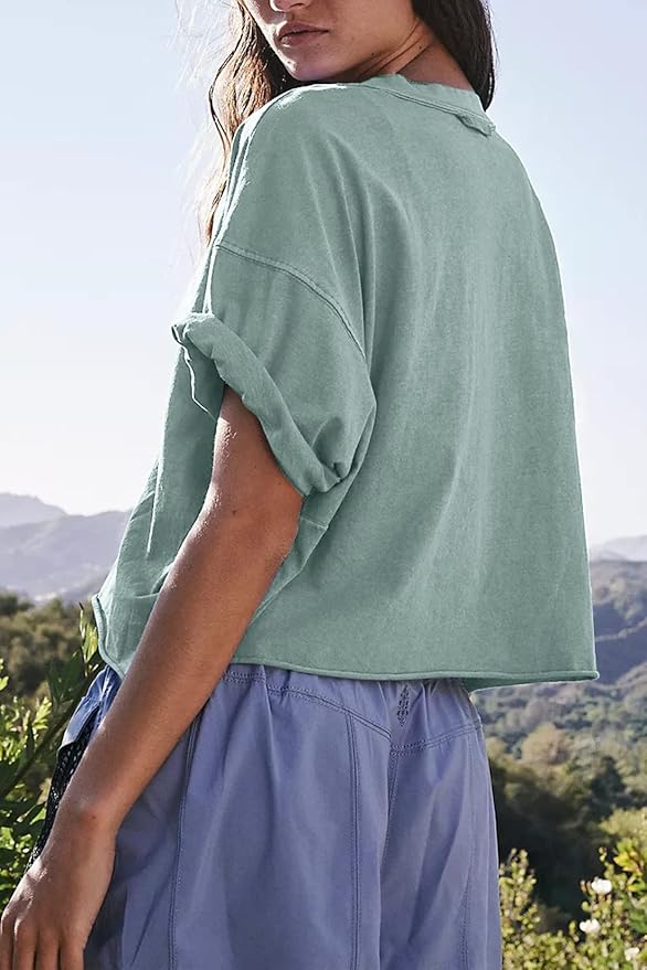 Women's Oversize Workout Crop Tops Casual Short Sleeve Drop Shoulder Boxy T-Shirts Roll Hem Basic Loose Yoga Running Tees