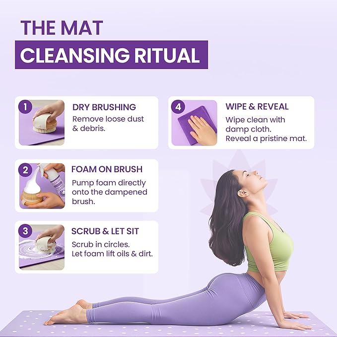 Foaming Yoga Mat Cleaner Spray Kit, Plant Based Non Toxic Mat Cleaner with Brush and Microfiber Cloth, Yoga Essentials for Women and Men, Pilates Mat Care, Lavender