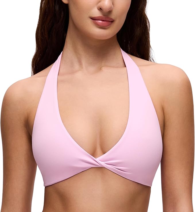 CRZ YOGA Butterluxe Double Lined Twist Halter Sports Bras for Women - Deep V Neck Crop Top Casual Open Back Non Padded