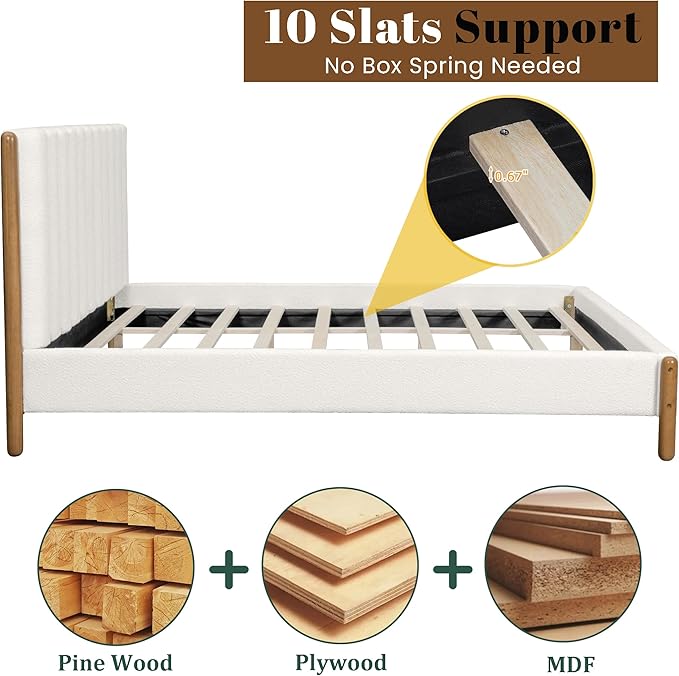 King Size Bed Frame with Boucle Upholstered Headboard, Solid Rubberwood Legs & Vertical Striped Design, Sturdy Wood Slat Support Boucle Bed Frame, No Box Spring Needed, White
