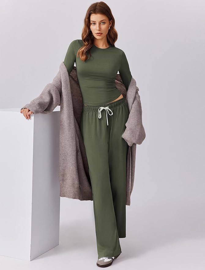 PINSPARK Women 2 Piece Lounge Set Long Sleeve Cropped Top Wide Leg Pants with Pockets 2024 Fall Outfits Matching Tracksuit