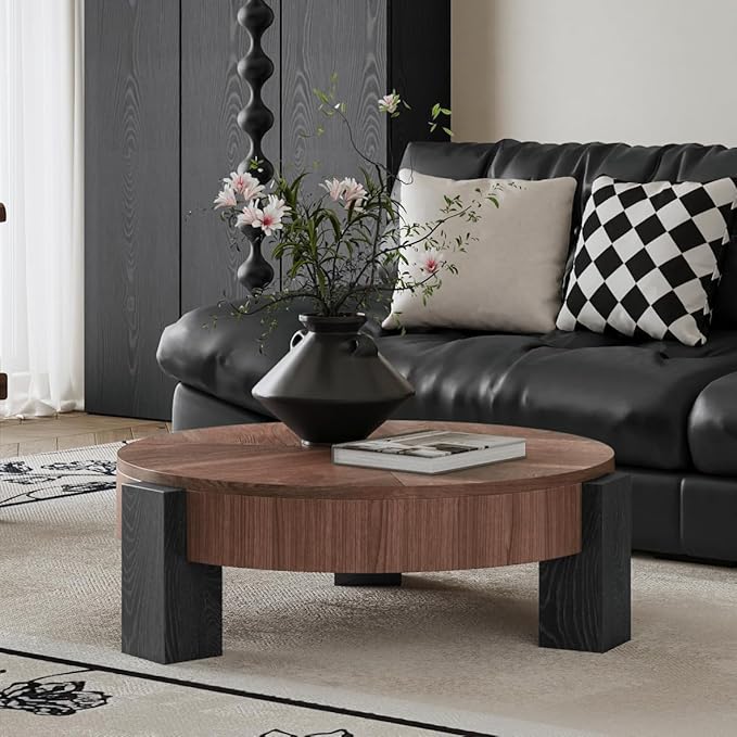 33'' Round Coffee Table with Hidden Storage, Modern Wood Veneer Top, 3 Block Legs Sturdy Center Accent Table for Living Room, Small Space, Walnut & Black