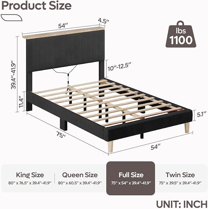 Bestier Full Bed Frame with Adjustable Headboard & LED Lighting, Corduroy Upholstered Platform Bed Frame with Storage Shelf, Solid Wood Slats, No Box Spring Needed, Never Squeak, Easy Assembly, Black