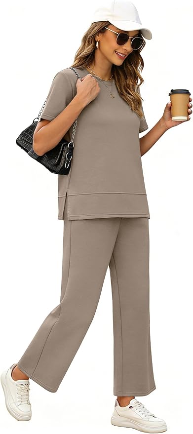 XIEERDUO Women's Side Slit Lounge Sets 2026 Fashion 2 Piece Travel Outfits Cozy Loungewear Wide Leg Tracksuits S-3XL