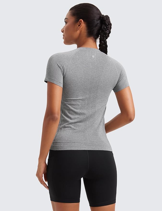 CRZ YOGA Seamless Workout Tops for Women Hip Length - Athletic Running Gym Yoga Short Sleeve Shirts Breathable Crewneck Tees
