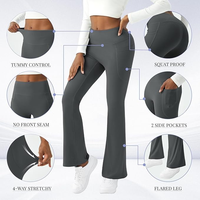 COPYLEAF Womens Yoga Pants with Pockets High Waisted Flare Leggings Bell Bottom Yoga Dress Pants Seamless Bootcut Pants