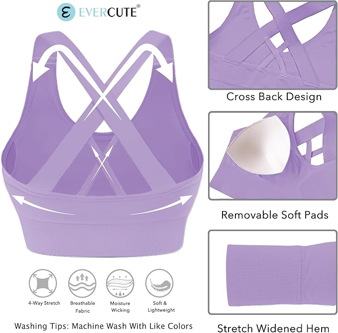Evercute Sports Bras for Women Padded Medium Support Criss Cross Strappy Bra Seamless High Impact Yoga Exercise Athletic Bras