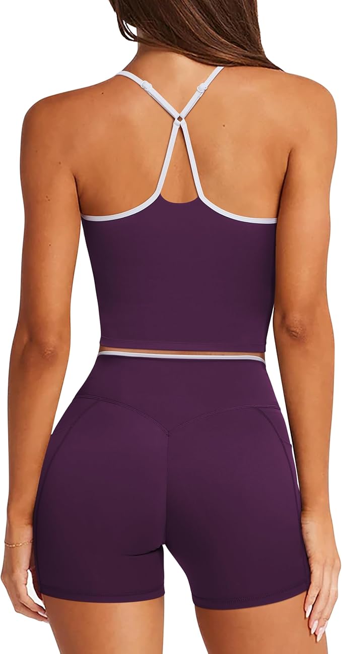 RXRXCOCO Color Block Workout Sets for Women 2 Piece Padded Strappy Tank Tops Hidden Scrunch Booty Shorts with Pockets