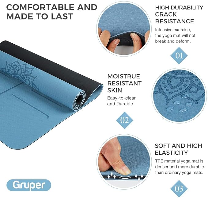 Gruper Yoga Mat Non Slip TPE Extra Wide Yoga Mat with Alignment Mark, 72"L x 32"W x 0.32"/0.24"Th (183cm x 80cm x 8mm/6mm), Anti-Tear Exercise Mat with Carrying Strap and Bag, Workout Mats for Yoga, Pilates