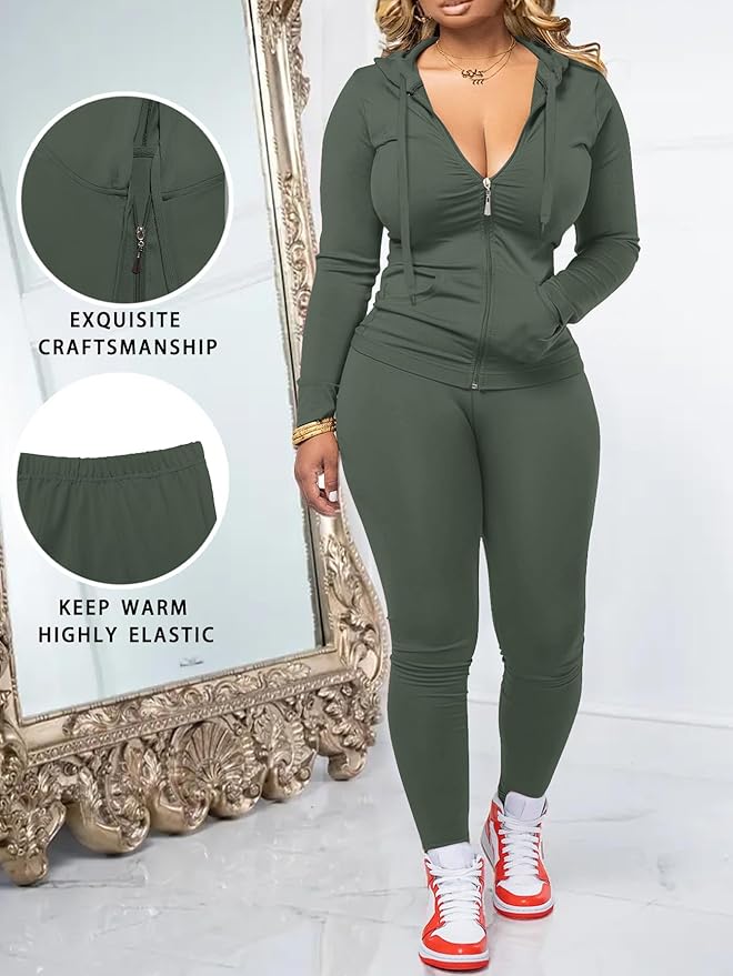 Women Two Piece Outfits Workout Sets Bodycon Legging Jacket Tracksuit Zip Up Hoodie Jogger Matching Sweat Pants Set