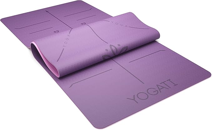 YOGATI® Yoga Mat with Strap with Alignment Lines. Home Workout Mat for Women, Men and Kids. Thick Non Slip Yoga Mat for Pilates and Fitness. Brown, Pink and Purple Yoga Mats