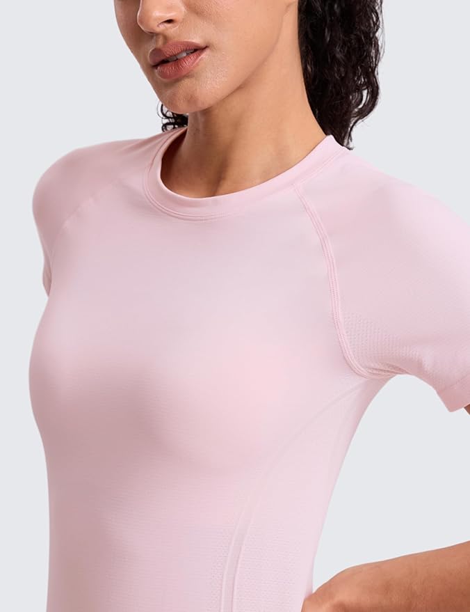 CRZ YOGA Seamless Workout Tops for Women Hip Length - Athletic Running Gym Yoga Short Sleeve Shirts Breathable Crewneck Tees