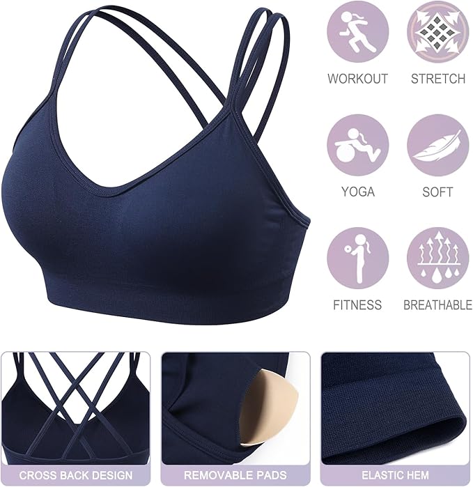 VEQKING Women's Cross Back Sports Bra Padded Strappy Medium Support Yoga Bra for Workout Fitness 3 Pack