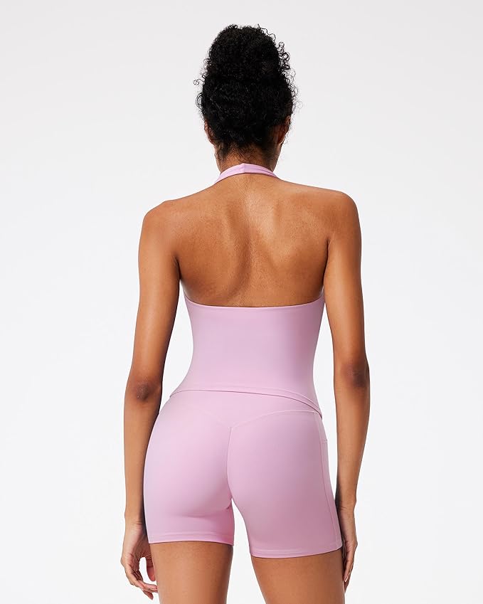 RXRXCOCO Halter Workout Sets for Women 2 Piece V Neck Tank Tops Hidden Scrunch Booty Shorts Gym Outfits with Pockets