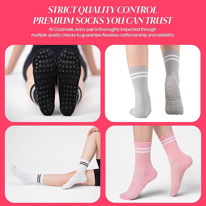 CoolMate Pilates Socks with Grips for Women, Yoga Socks, Crew Non Slip Women for Barre, Pilates Gifts for Women