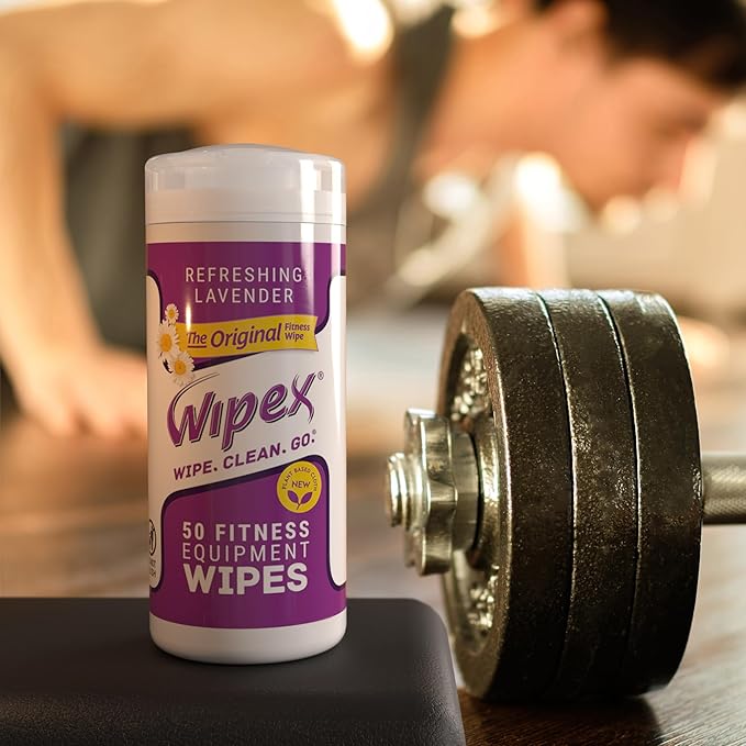 Wipex Original Fitness Equipment Wipes -EWG Verified - 50 Count Plant-Based No-Lint Cloth Gym Wipes for Workout Equipment, Yoga Mat Cleaner, Peloton Cleaner with Lavender Essential Oil & Vinegar,