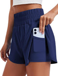 PINSPARK Women's 2 in 1 Running Shorts High-Split Athletic Short High Waisted 3" Liner Workout Gym Short with Pockets