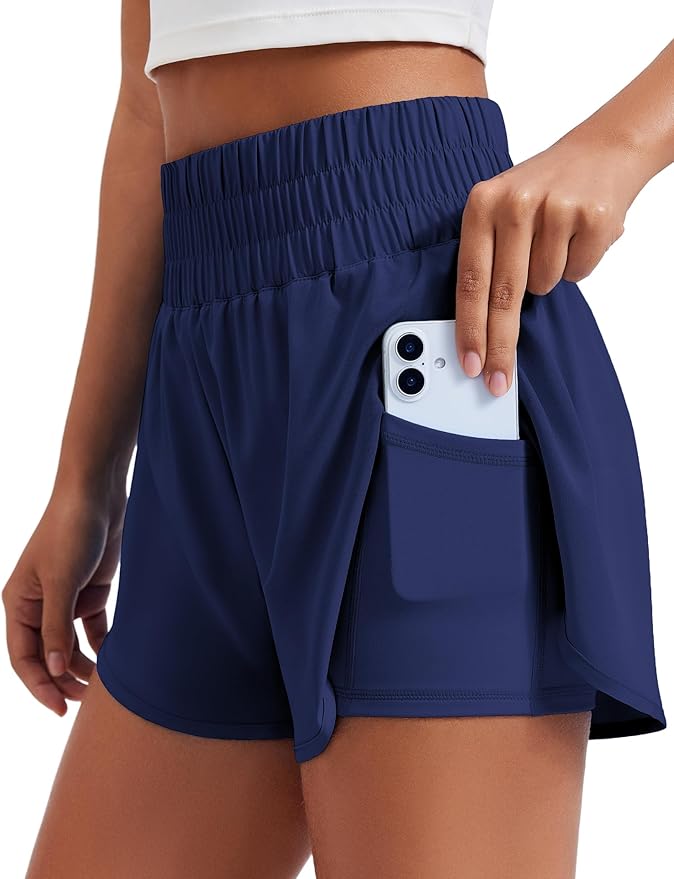 PINSPARK Women's 2 in 1 Running Shorts High-Split Athletic Short High Waisted 3" Liner Workout Gym Short with Pockets