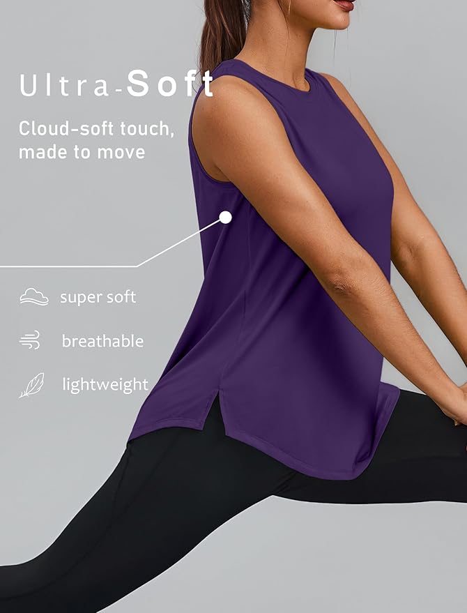 PINSPARK Workout Tops for Women Sleeveless Athletic Tank Tops UPF 50+ Running Tanks with Side Slits Loose Fit Gym Yoga Shirt