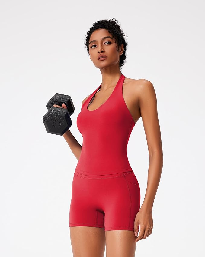 RXRXCOCO Halter Workout Sets for Women 2 Piece V Neck Tank Tops Hidden Scrunch Booty Shorts Gym Outfits with Pockets