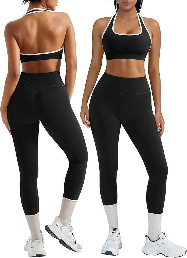 OMKAGI 2 Piece Workout Sets for Women Halter Sports Bras Gym Sets Booty Leggings Outfits