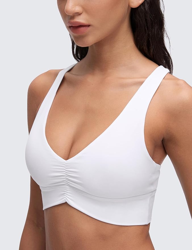 CRZ YOGA Butterluxe Ruched Longline Sports Bras for Women - V Neck Padded Yoga Tank Wide Straps Cross Back Crop Tops