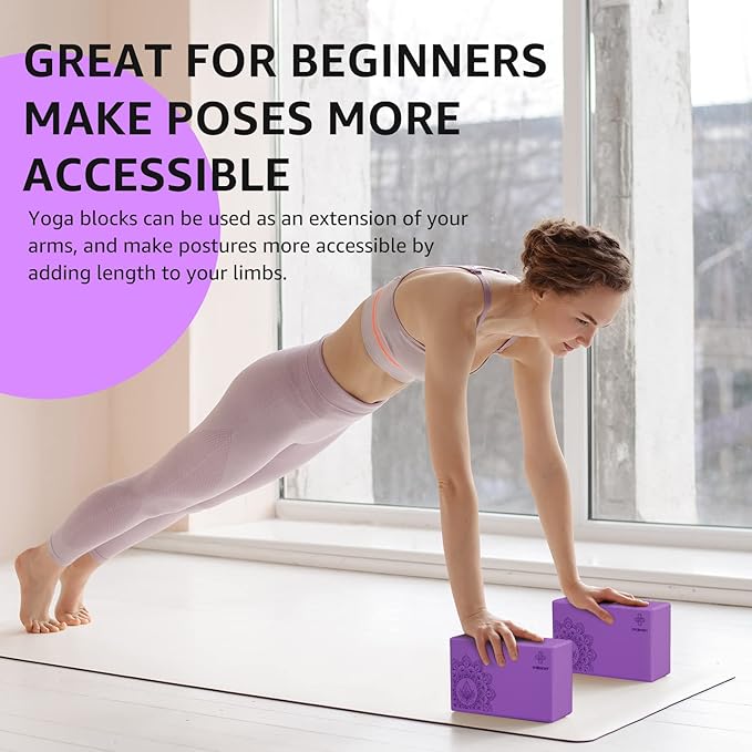 Overmont Yoga Block 2 Pack Supportive Latex-Free EVA Foam Soft Non-Slip Surface for General Fitness Pilates Stretching and Meditation 9"x6"x3" Yoga Strap Included