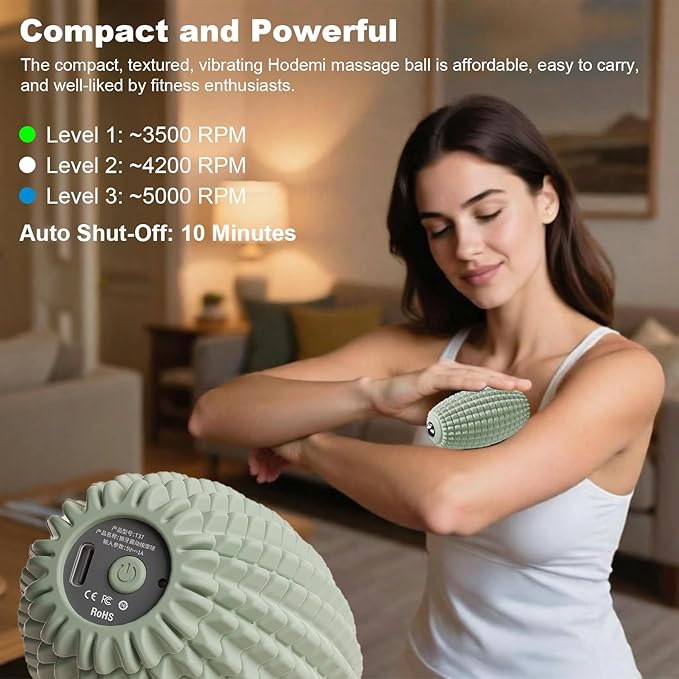 HODEMI Vibrating Massage Ball with Magnetic Rolling Head, Handheld High-Frequency Vibration Massager, 3 Speed Levels, Rechargeable Silicone Massage Roller for Gym, Office, and Travel Use (Green)