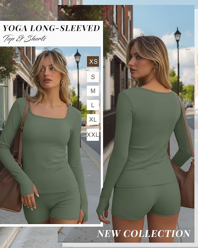 Oakgarden Women's Long Sleeve Yoga Set Square Neck Slim Fit Tops Elastic Soft Thumb Hole Shirt High Waist Shorts with Pockets