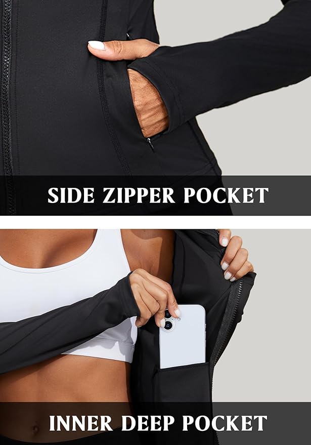 Bosmeer Workout Jackets for Women Lightweight Zip Up Slim Fit Yoga Sportwear Stretchy Crooped Running Jacket with Thumb Holes