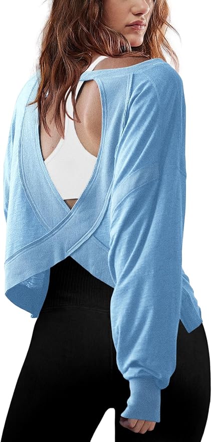 Panadila Womens Open Back Workout Top Long Sleeve Athletic Shirts Casual Crop Running Tee Y2k Yoga