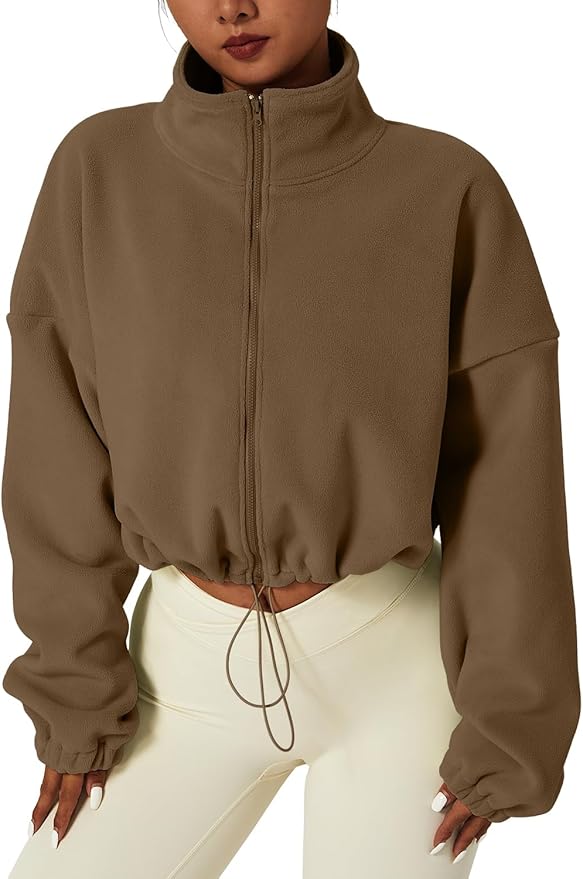 QINSEN Women's Full Zip Fleece Short Jacket Warm Winter Long Sleeve Stand Collar Sherpa Crop Coat